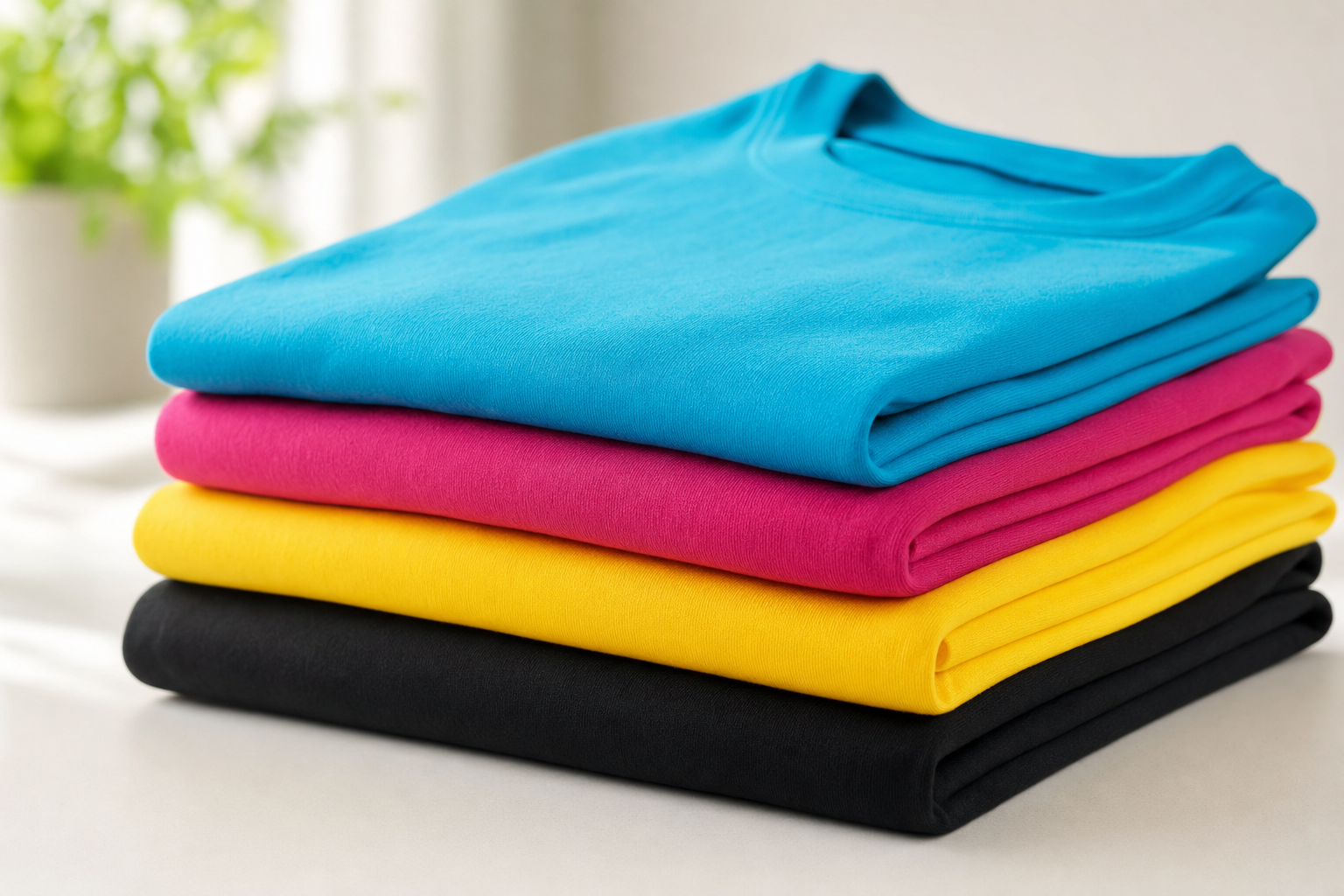 A folded stack of brightly colored custom printed t-shirts in cyan, magenta, yellow, and black